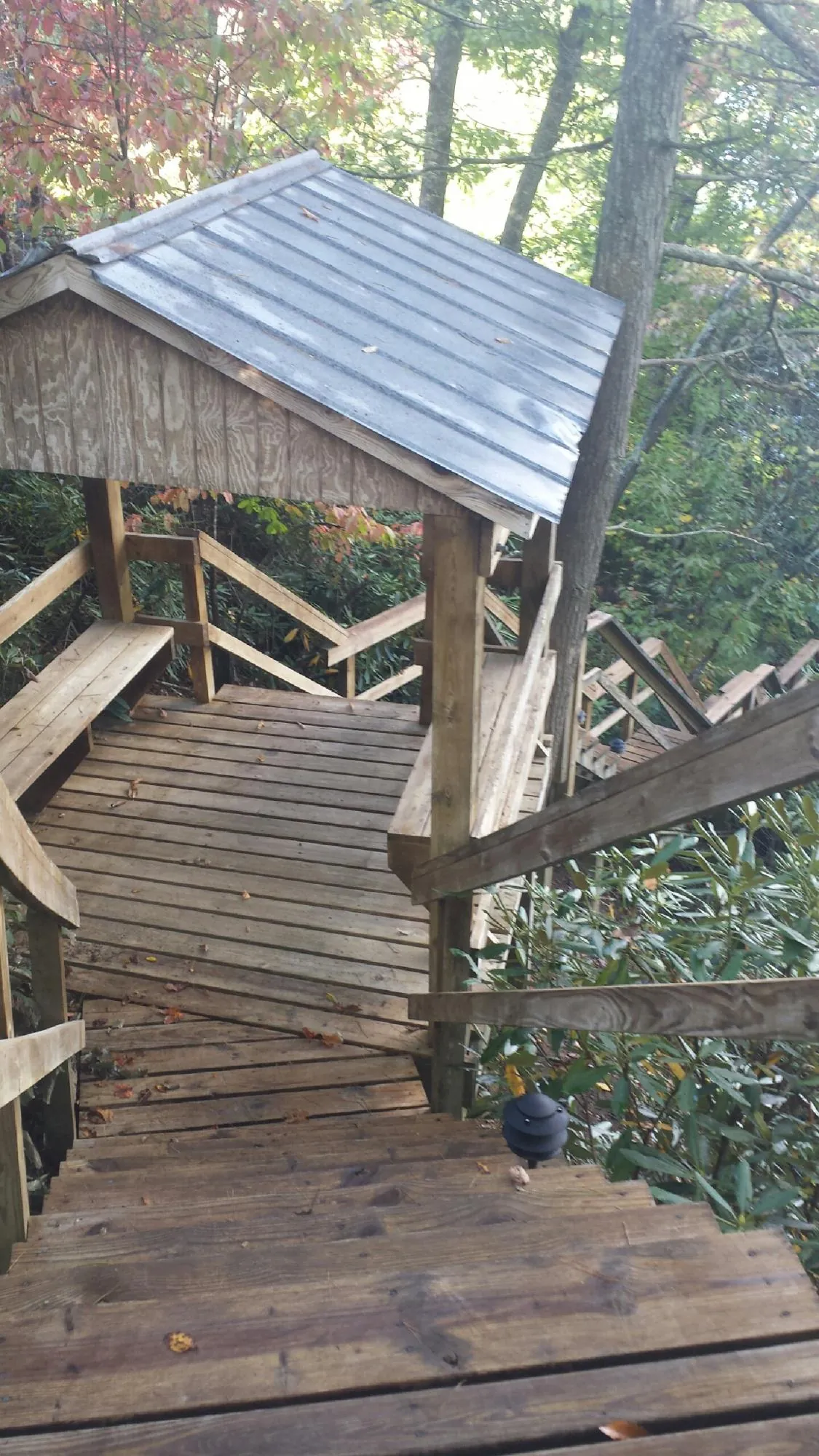Metal roofed shelter over wooden steps on a wooded walkway — Skylight Repair & Installation work by our crew in Cedar Hill